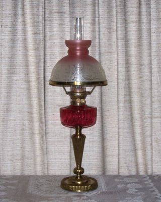 Antique Victorian Wright & Butler Cranberry Font Oil Lamp Brass Column Nores photo