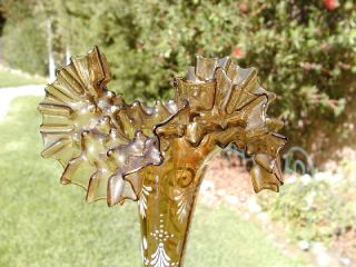 Antique Honey Amber Hand Painted/blown Epergne Ruffled Trumpet Glass Metal Vase photo