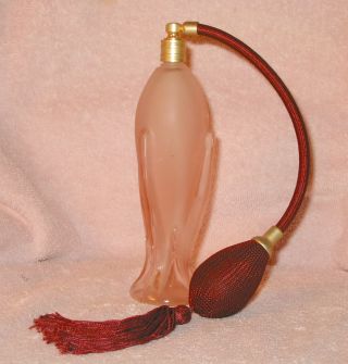Antique Vtg Pink Frosted Glass Perfume Atomizer Tall Rocket Art Deco Style photo