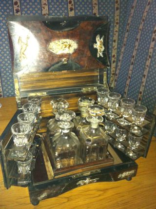 Antique Liquor Chest Liqueur Cabinet Glass Decanters & Cordials photo