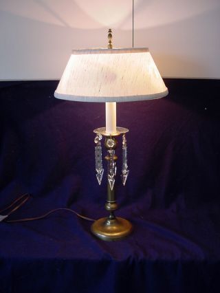 Anitque Brass 2 Light Shaded Desk Table Dresser Lamp With Spear Prisms photo