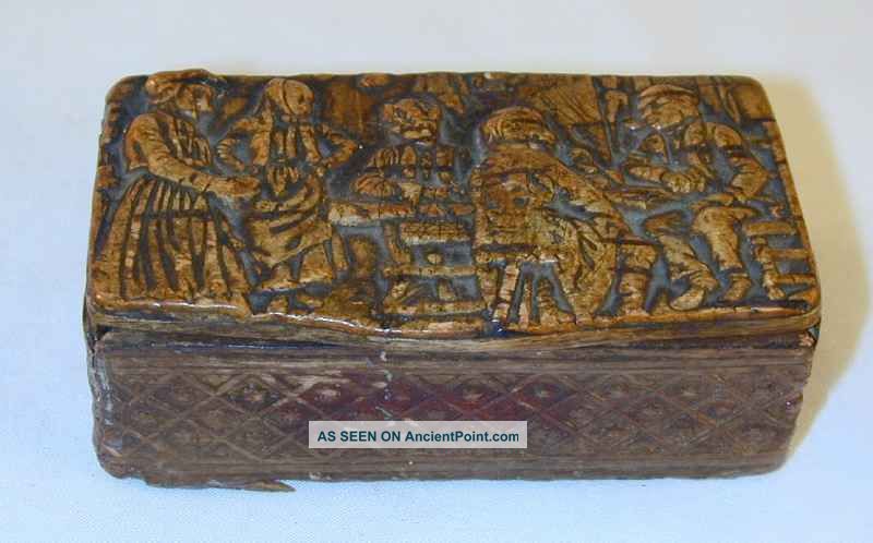 Antique Rectangular Wood Snuff Box Snuffbox Hinged Lid Raised Tavern Scene Boxes photo