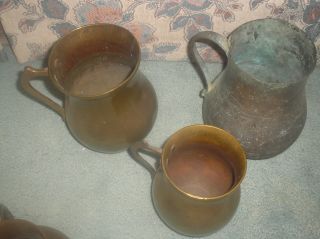 Lot 3 Old Columbian Hand Forged Brass Coffee / Chocolateras - Round Mouthed Pots photo