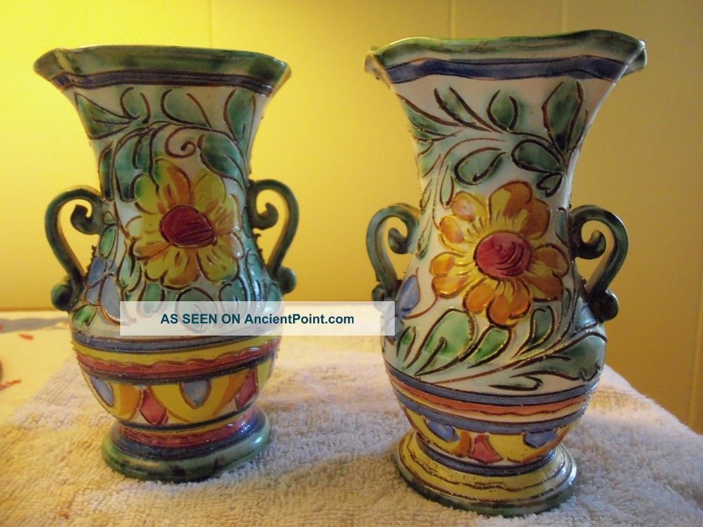 Two Hand Crafted Terracota Italian Vases/ 1920 ' S Tourist Souveniors Vases photo