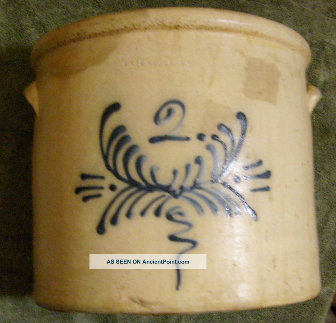 Blue Design 2 Two Gallon Crock Stoneware Urn Handled Signed Unique Vessel Crocks photo