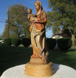 Vintage Anri Carved Wood Madonna Mary & Jesus Figurine Sculpture Italy Christian photo