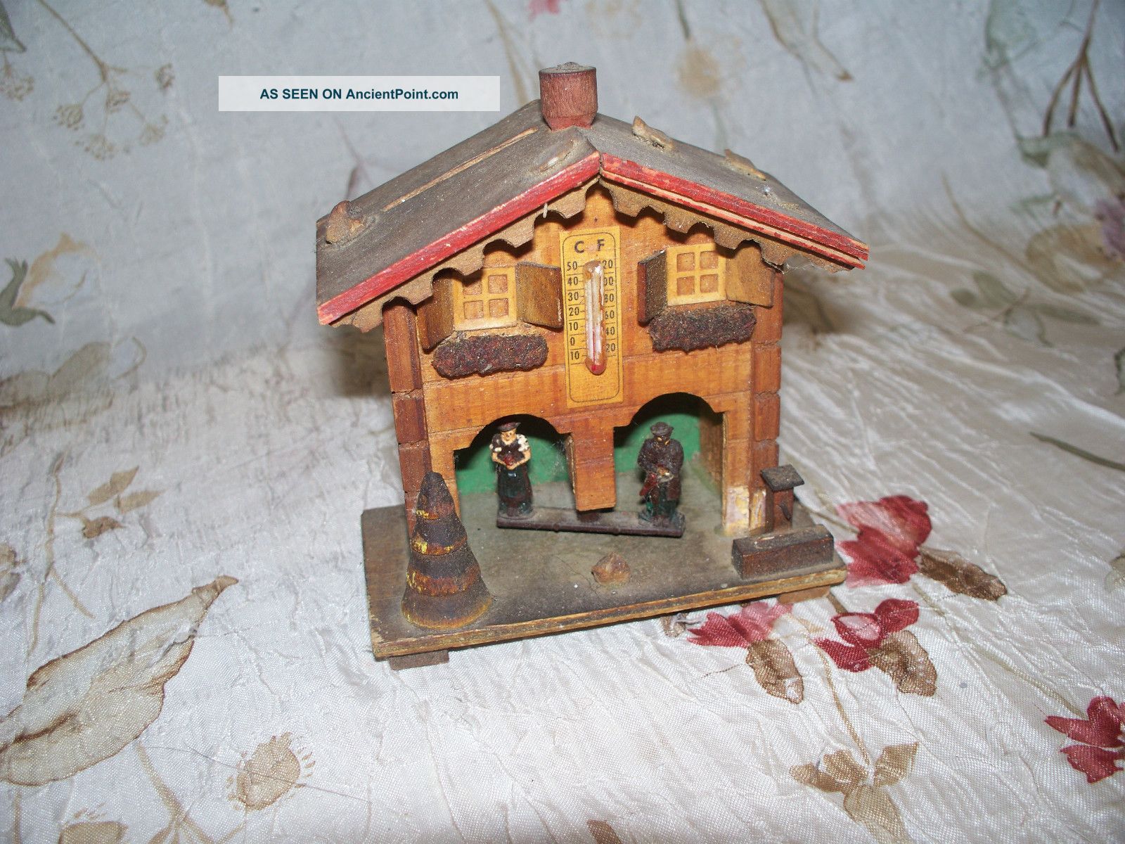 Antique Hand Carved German Thermometer - - 1900 ' S Era Quaint Old Piece Carved Figures photo