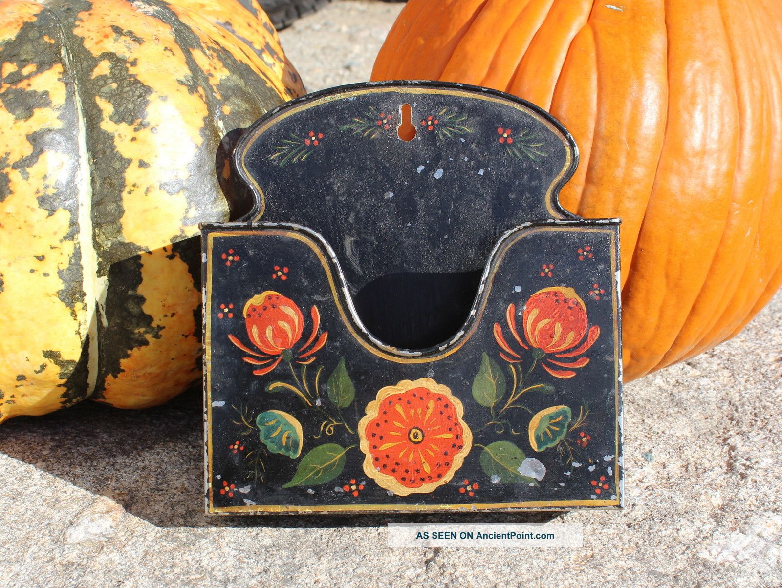 Great 19th Century Paint Decorated Tole Ware Tin Letter Holder Toleware photo