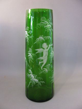 Vintage Blown Green Glass Mary Gregory Vase W Cherub Blowing Horn A2 photo