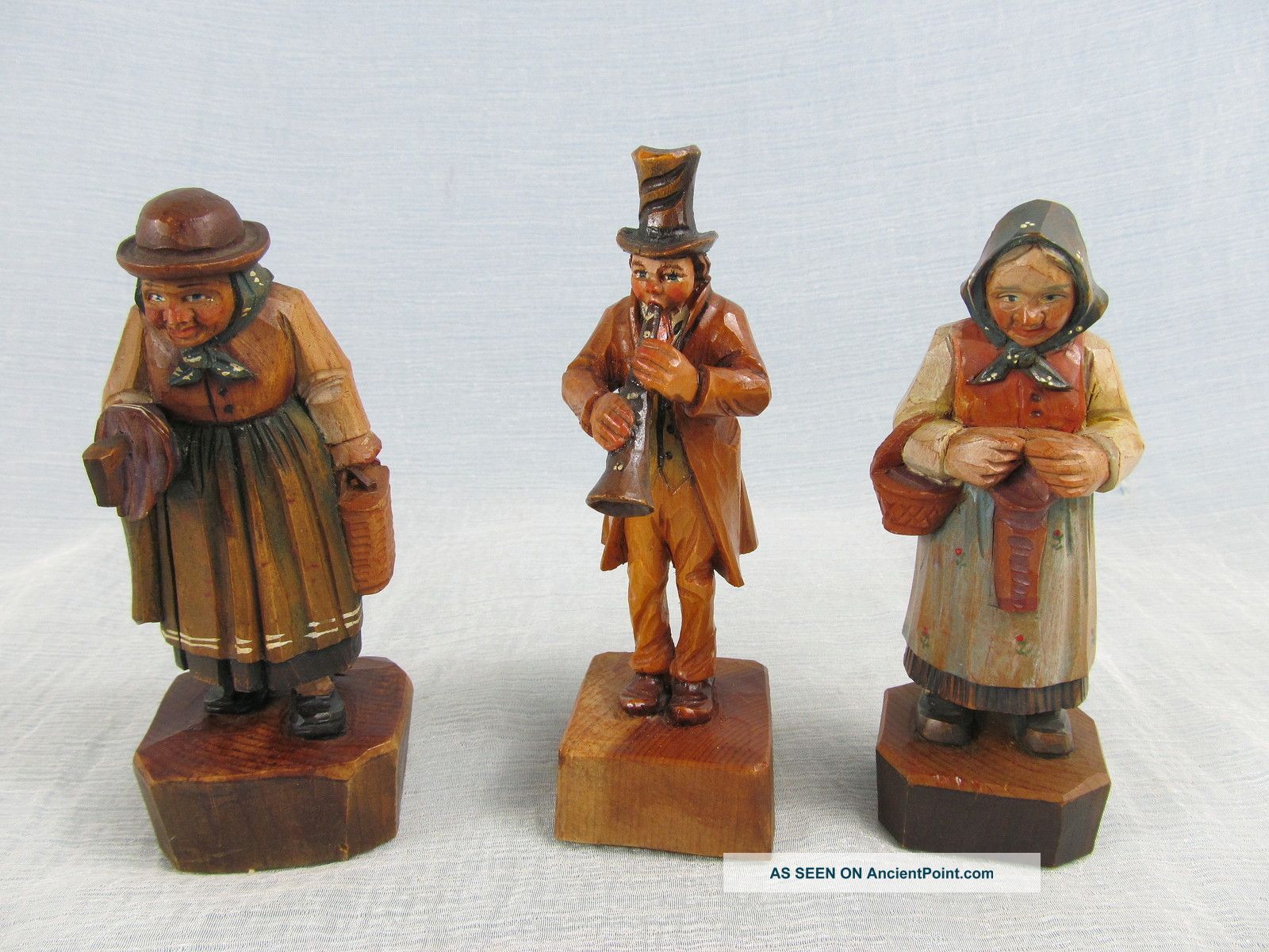 3 Vintage Italian Wood Carvings Man & 2 Women Carved Figures photo