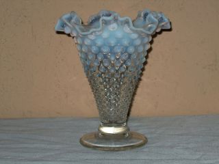 Vintage Ruffle Top Blue White Glass Vase W/ Raised Bubbles - - Exc Cond photo