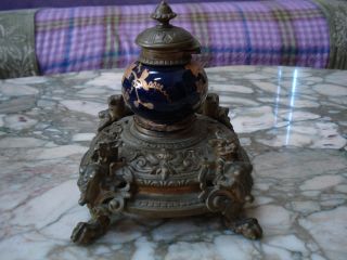 Victorian Antique Dragon Stand With Porcelain Inkwell photo