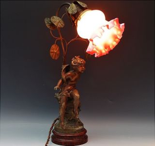 Very Sweet Fine Quality Art Nouveau Bronzed Spelter Figural Cherub Table Lamp photo
