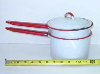 Enamelware Double Boiler Pot With Lid White With Red Trim Vintage / Antique photo