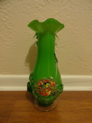 Vintage Green Art Glass Vase Applied Flower Decoration Hand Blown photo
