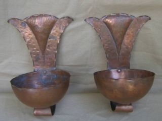 Arts & Crafts Copper Hand Hammered Wall Candle Sconces Signed photo