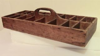 Antique Handled Primitive Wooden Tote Box Tray Nailed Wood Box With 16 Spaces photo