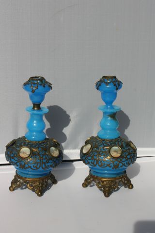 Two Vtg Blue Opaline Glass From The 19thc.  French Origin.  Metal Overlay & Dish photo