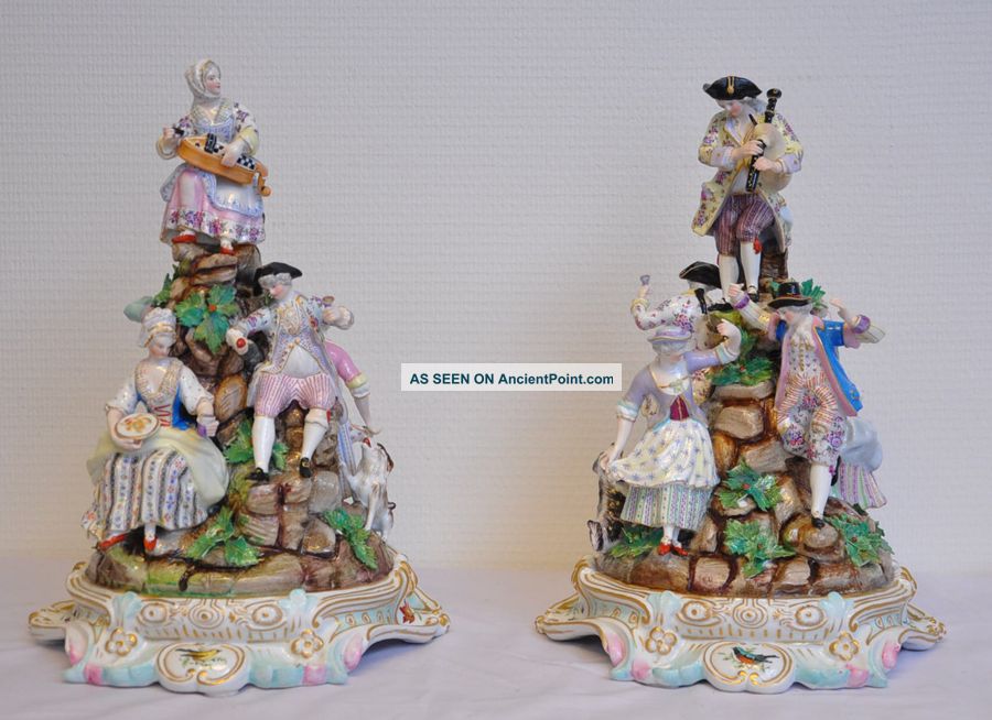 2 Rare Large Antique Meissen Porcelain Groups Dancing Around Mountain Figurines photo
