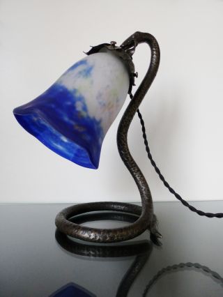 Amazing & Rare Art Deco Wrought Iron Snake Table Lamp Signed Noverdy Cameo Glass photo