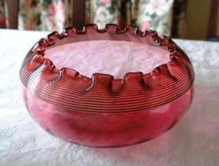 Antique Art Glass Cranberry Bowl Crimped Threaded 19th C English Maker ? Nr photo