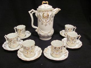 Antique Victorian White & Gold Trim 1800 ' S Chocolate Pot With 6 Cups & Saucers photo