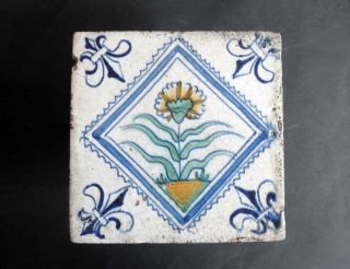 Fantastic Museum Quality Polychrome Dutch Delft Carnation Tile,  Circa 1650 photo