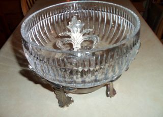 Vintage / Antique Heavy 24% Lead Crystal Bowl Sits In A Footed Brass? Base photo