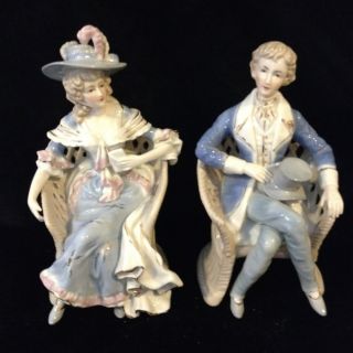 (pair) Lady & Man In Chairs (blue & White Porcelain) Circa1950 - 50 ' S (mint) 9in H photo