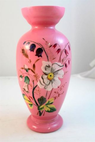 Antique Victorian Pink Cased Enameled Glass Vase Painted Flowers Foliage Nr photo