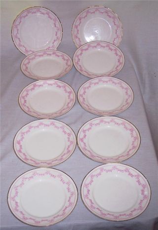 Antique Soft Paste Porcelain Dessert Plates Raised Bows Floral Swags Pink Set 10 photo
