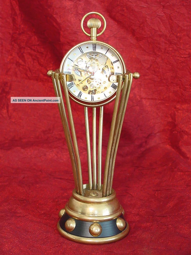 Antique Swiss Brass Table Clock With See - Through Mechanism Clocks photo
