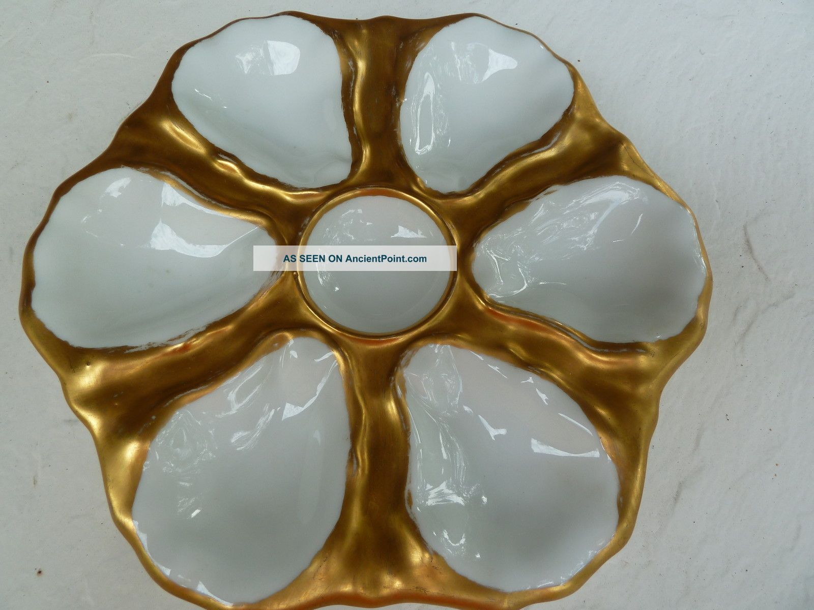 Antique 6 Well Gold Scalloped Porcelain Schwarzburg Oyster Plate Plates & Chargers photo