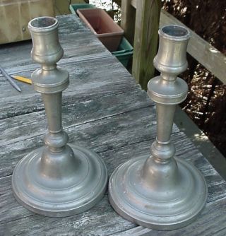 Antique Pair Early Pewter Candlesticks photo