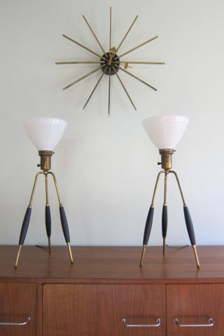 Mid Century Modern Brass Tripod Table Lamps Lightolier Thurston Vintage Eames photo