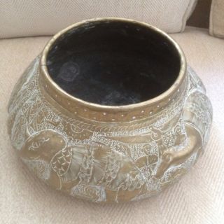Egyptian Antique Islamic Middle Eastern Brass Pot Floor Planter photo