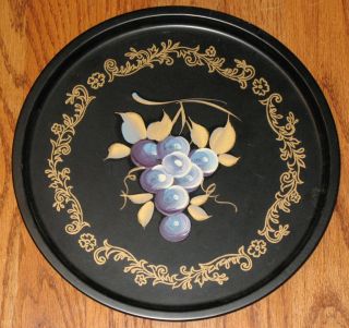Vintage Hand Painted Round Black Tole Tray With Grapes Fruit photo