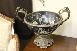 Bronze W/ Hand Painted Oriental Porcelain Mount Bowl Centerpiece photo
