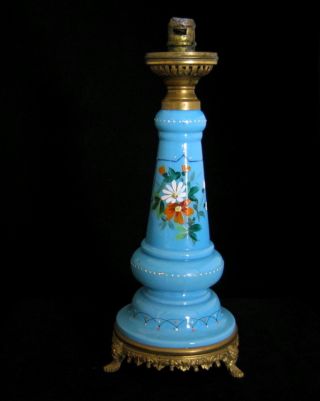 Antique Blue Bristal Glass Oil Candle Lamp Hand Painted Flowers Opaline French photo