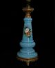 Antique Blue Bristal Glass Oil Candle Lamp Hand Painted Flowers Opaline French Lamps photo 7