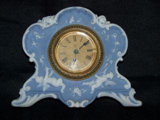 Antique Wedgwood Blue Jasperware Boudoir Clock Cherubs On Vines photo