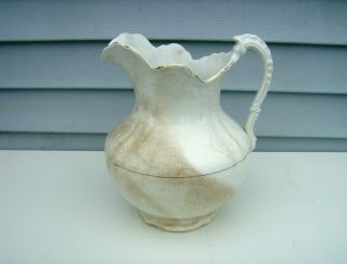 Antique 5.  5 Qt Pottery Vanity Wash Stand Pitcher Ewer Jug Cream With Gold Trim photo
