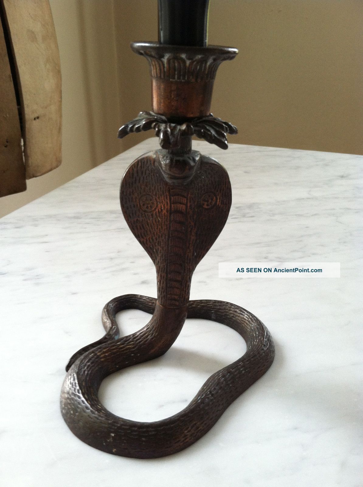 Antique Vtg Late 1800s Embossed Bronze Snake Cobra Serpent Candle Stick Holder Metalware photo
