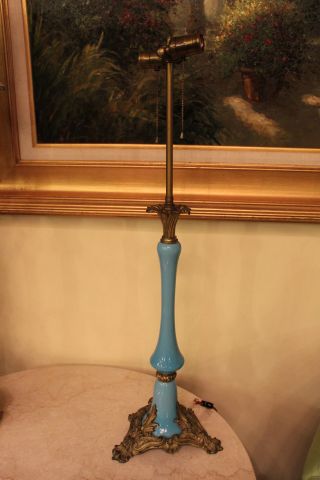 Antique French Blue Opaline Glass Ornate Bronze Banquet Table Lamp photo