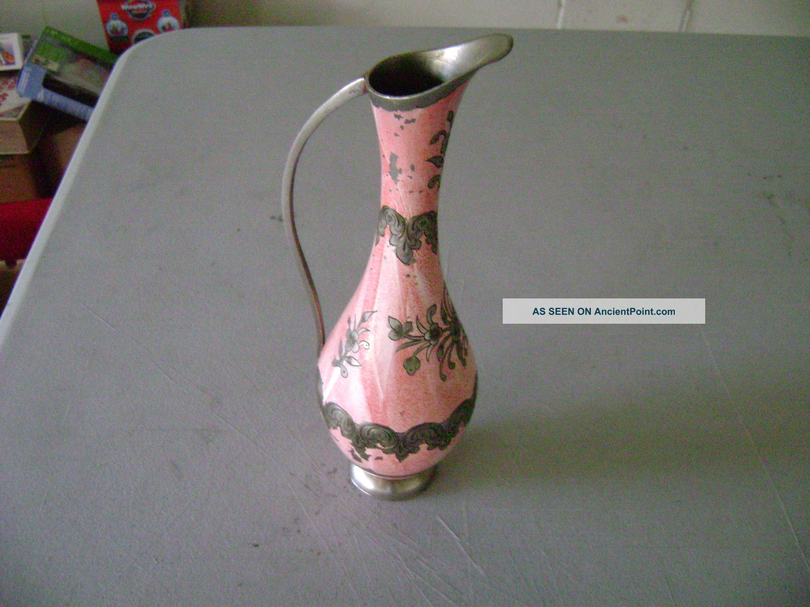 Antique Hand Painted Metal Pitcher/vase With Handle,  Excellent Cond. Metalware photo