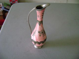 Antique Hand Painted Metal Pitcher/vase With Handle,  Excellent Cond. photo