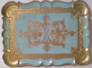 Vintage Italian Florentine Toleware Tray Gold Leaf & Turquoise - Collectors Item photo