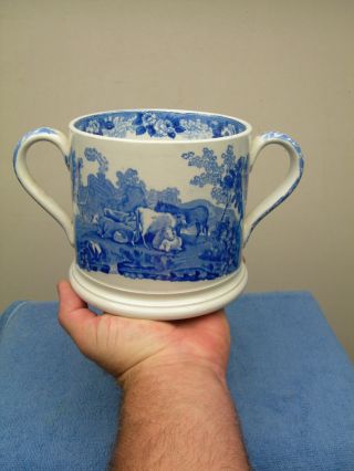 Antique Blue Transferware Porcelain 2 Handle Mug~adams Cattle Scenery England photo