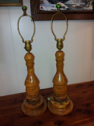 Pair Of Vintage Wooden Table Lamps Rustic Cabin Country Decopage Design Unique photo