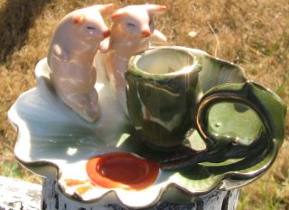 1880s German Made,  2 Pink Pigs On Cabbage Green Candle Stick,  Porcelain Fairing photo